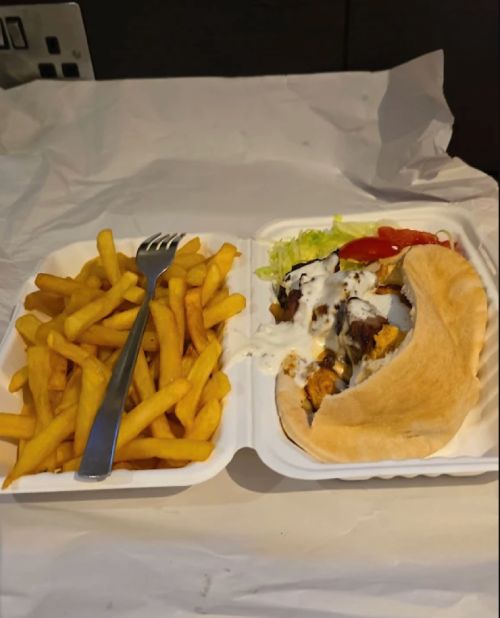 Doner Kebab in Pitta Bread with Chips & Salad Served at Bodrum Grill House Felixstowe